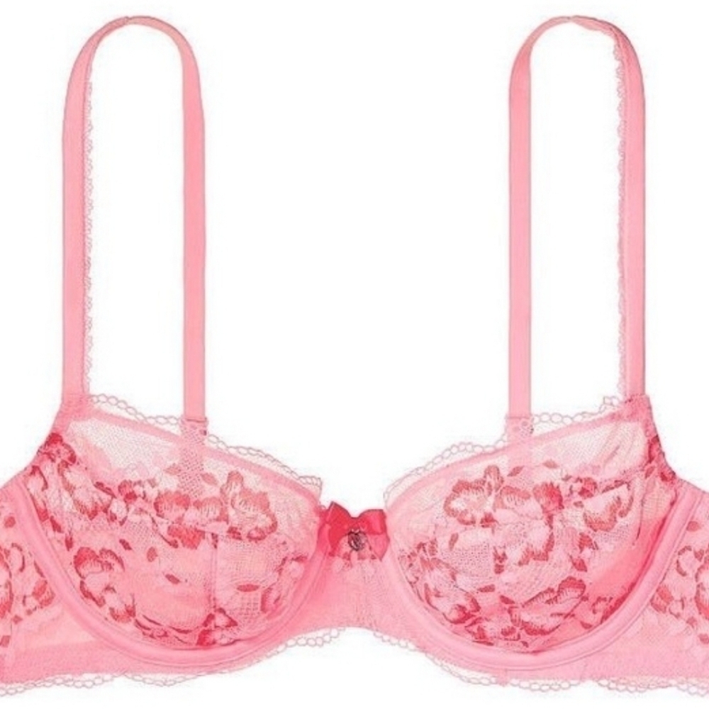Victoria's Secret Floral Lace Unlined Demi 34DD bubble gum pink
